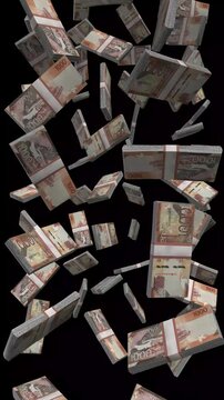 Vertical Kenya Money, Falling Kenyan Shilling Bills Black Background, Premium East Africa Nairobi Finance Cash Stacks, 4K