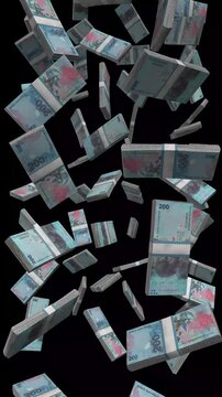Vertical Sao Tome Money, Falling Dobra Bills Black Background, Premium Africa Island Finance Cash Stacks, 4K