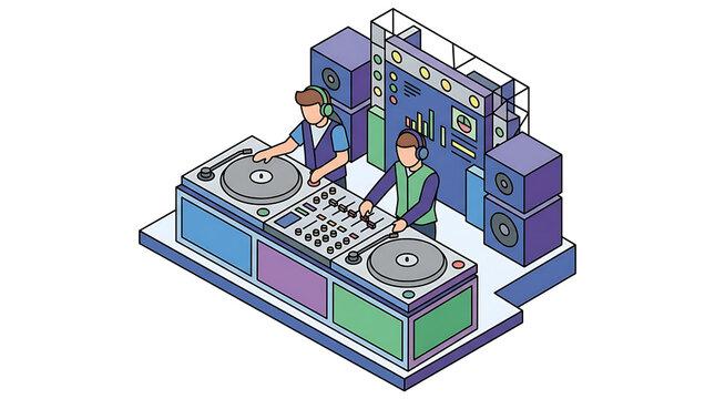 Two DJs Performing Electronic Dance Music on Stage with Speakers and Dj Booth in Isometric View