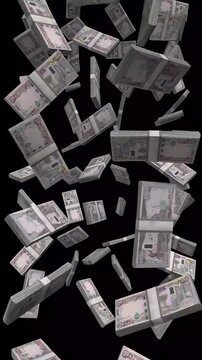 Vertical Iraq Money, Falling Iraqi Dinar Bills Black Background, Premium Middle East Baghdad Finance Cash Stacks, 4K