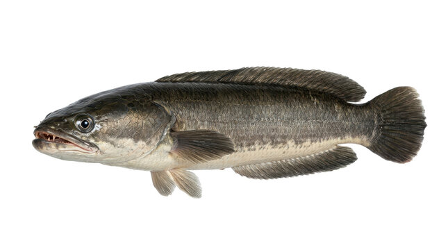 A giant snakehead fish photograph with detailed scales and fins on transparent background channa argus freshwater
