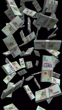 Vertical Vietnam Money, Falling Vietnamese Dong Bills Black Background, Premium Asia Finance Hanoi Cash Stacks, 4K
