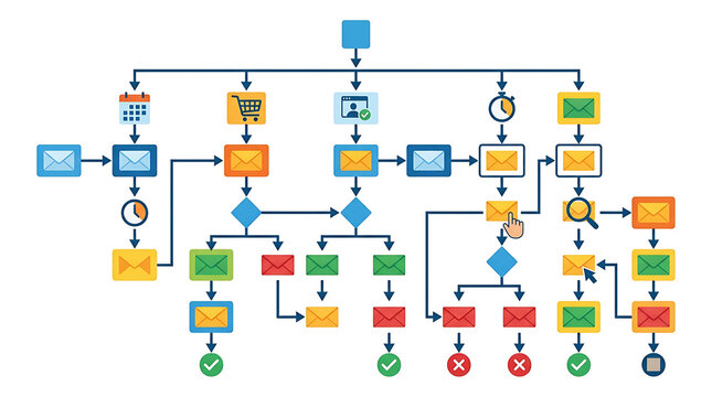 Top Down Flowchart Illustrating an Email Marketing Campaign Process with Decision Points and Status Indicators