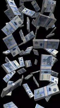 Vertical Iceland Money, Falling Icelandic Krona Bills Black Background, Premium Scandinavia Reykjavik Finance Cash Stacks, 4K