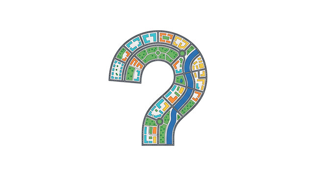 Top Down Orthographic View of a Cityscape Rendered as a Question Mark Symbol