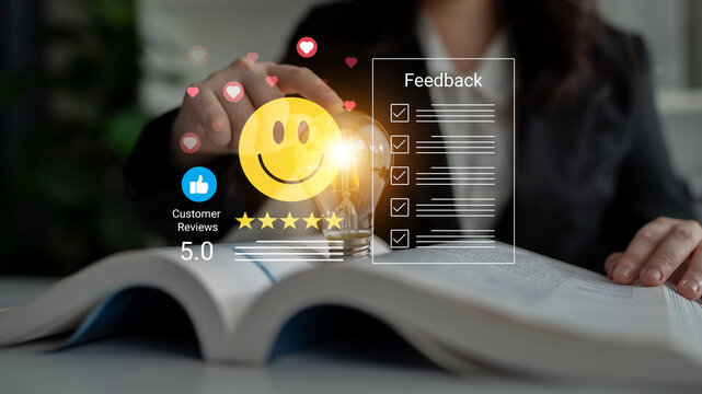 A professional setting showcasing a hand interacting with a book overlayed by a smiley face and ratings, symbolizing positive customer feedback and business success. Cyphers