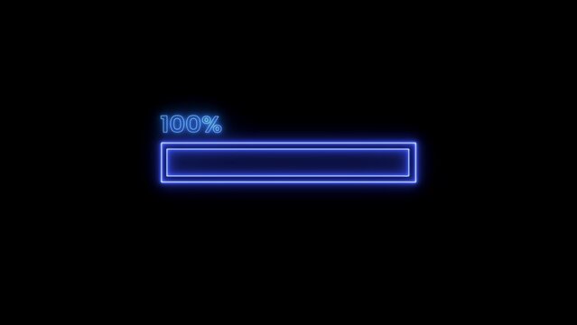 Neon loading bar icon . abstract glowing neon loading bar animation . abstract beautiful loading icon , 100% processing downloading black background .