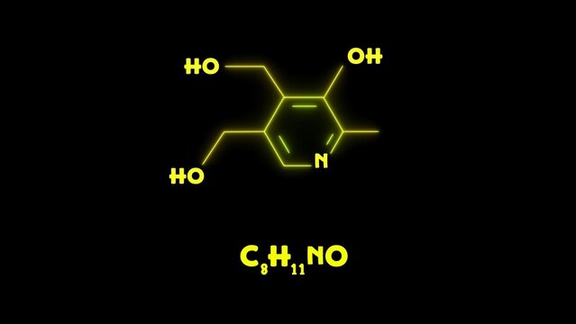 Glowing neon chemical structure of pyridoxine (Vitamin B6 active form) essential nutrient molecule. Futuristic molecular model of pyridoxine (vitamin B6 active form) structure on black background.
