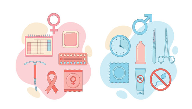 Safe sex and family planning elements vector collection featuring condoms pills iud and surgical sterilization icons