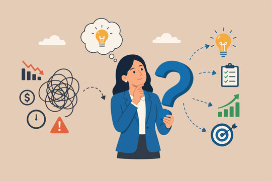 Business question, doubt, problem solving or ideas and creativity to answer and survive uncertainty concept, smart confidence businesswoman holding big question mark think about solutions