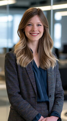 Fototapeta premium professional female call agent smiling in modern office, friendly customer service representative in colorful business suit, confident female support agent with warm trustworthy expression