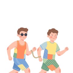 Obraz premium Cheerful blind man jogging side by side with guide runner connected by wrist tether, whimsical folk art illustration for adaptive sports and inclusion concept