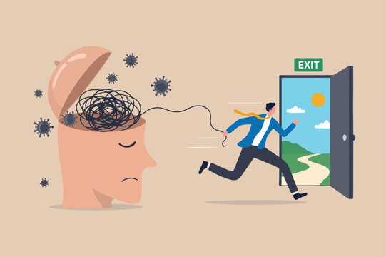 Escapism, escape from depressed mind impacted by COVID-19 pandemic, exit or leave depression, anxiety or stressed lockdown concept, man run away escape from mess tangled line brain his open head