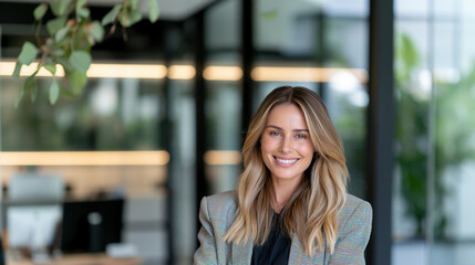 Fototapeta premium professional female call agent smiling in modern office, friendly customer service representative in colorful business suit, confident female support agent with warm trustworthy expression