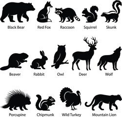 Fototapeta premium Collection of north american forest animal silhouettes and nature icons with wildlife silhouette squirrel porcupine