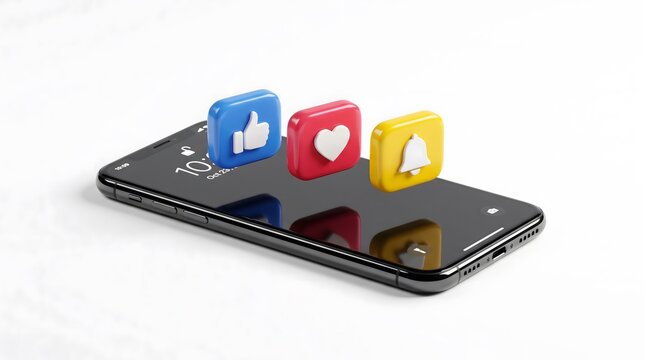 A modern smartphone lying on a white background with colorful social media icons like a thumb up a heart and a notification bell symbol