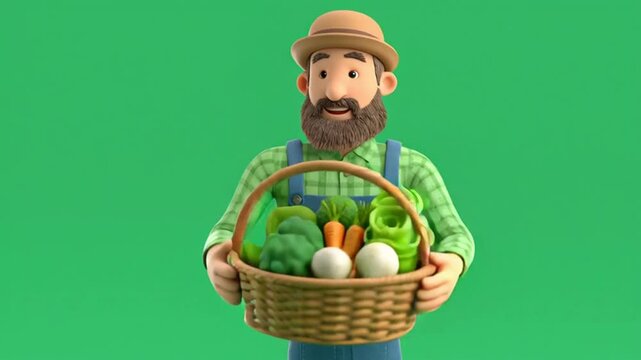 A fruit farmer (3D model) is carrying a basket of fruit. He is wearing a light green plaid long-sleeved shirt and a light brown bowler hat. He has a beard and a thick, dark brown mustache.