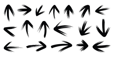 Fototapeta premium Collection of hand drawn black ink brush stroke arrows pointing in various directions on a white background