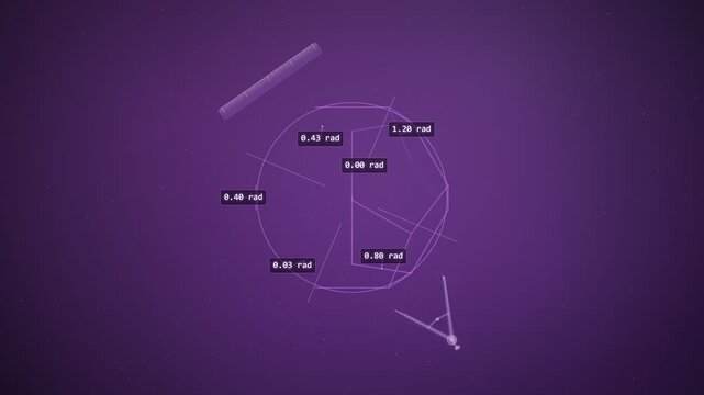 Purple 3D Polyhedron Geometry Blueprint with Radian Measurements and Drafting Tools