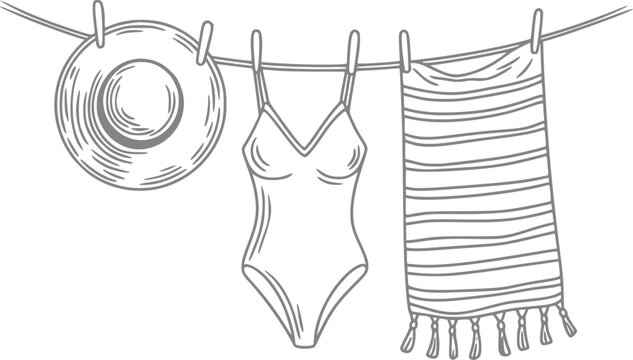 Un dibujo a mano de un atuendo de vacaciones de verano incluyendo un sombrero para el sol, un traje de ba&ntilde;o y una toalla a rayas