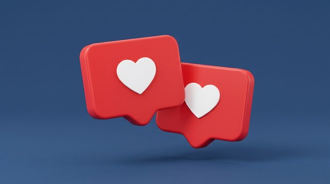 Two red notification bubbles with white heart icons floating against a dark blue background representing social media engagement and digital interaction concepts for users