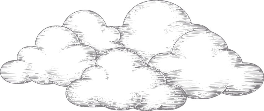 Un dibujo a mano de nubes esponjosas aisladas sobre un fondo blanco, con sombreado de l&iacute;nea vintage detallado