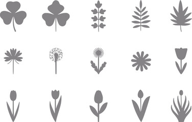 Una colección de varias siluetas botánicas y de plantas dispuestas en una cuadrícula sobre un fondo blanco limpio © Ripa_Moni