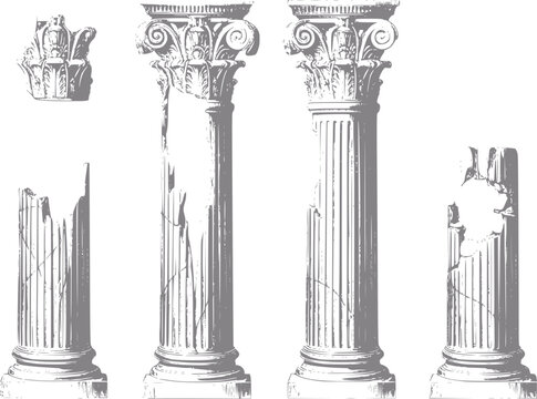 Una colecci&oacute;n de grabados arquitect&oacute;nicos vintage con columnas y capiteles de piedra griegos y romanos cl&aacute;sicos