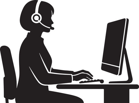 Call Center Operator Woman Working At Computer Vector Silhouette