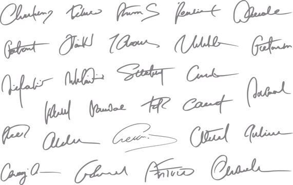Una colecci&oacute;n de varias firmas manuscritas y estilos de caligraf&iacute;a cursiva aislados sobre un fondo blanco liso