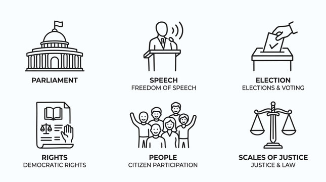 Set of Minimalist Line Art Icons Representing Civic Governance, Democratic Rights, and Public Participation in a Modern Society Concept