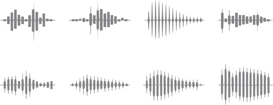 Una colecci&oacute;n de ocho patrones de ondas de sonido de audio digital distintos aislados sobre un fondo blanco limpio para