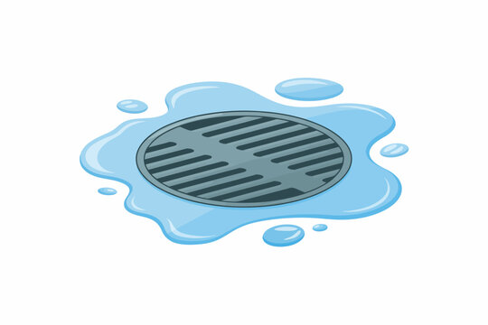 Un dibujo animado de una rejilla de drenaje de tormenta met&aacute;lica rodeada por un charco de agua azul sobre un fondo blanco