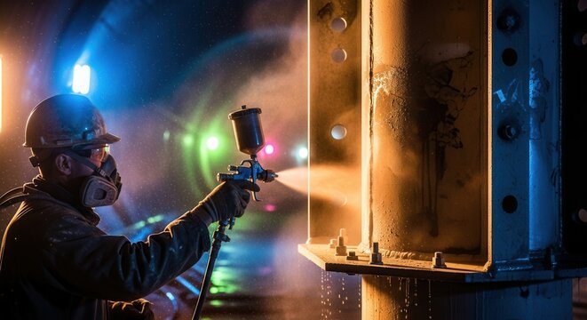 Industrial Painter Applying Protective Coating To Steel Structure In Controlled Environment