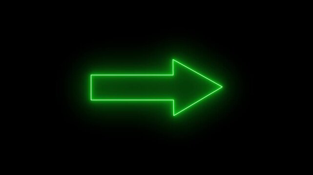 Glowing Green neon light right pointing arrow animation on black background, futuristic electric direction indicator symbol, forward motion graphics transition concept.