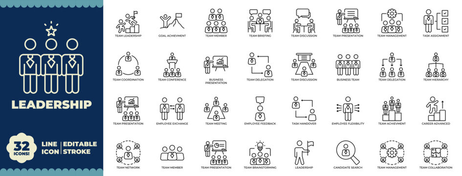 Leadership, Outline icons collection. Simple vector illustration. leadership, executive, manage, guidance, lead, direction, success and more