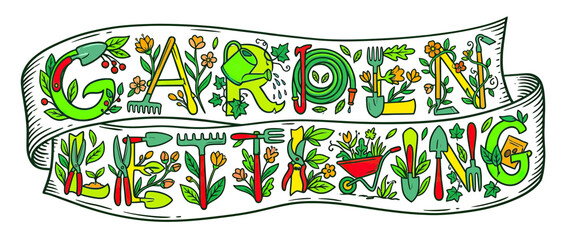 Hand-drawn garden greetings banner with tools and plants © linggo