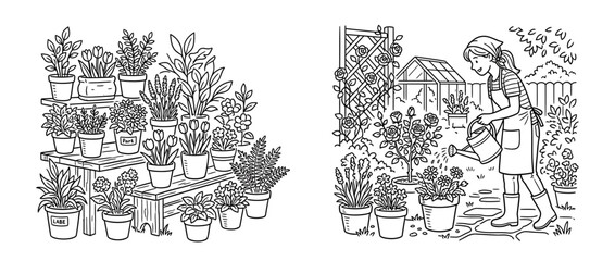 Obraz premium Potted Plants Display and Woman Watering Garden Illustration