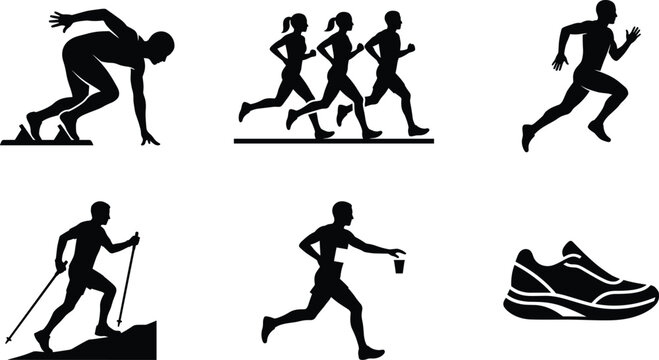 Running and marathon athletes vector silhouettes set with sprinter trail runner and running shoe