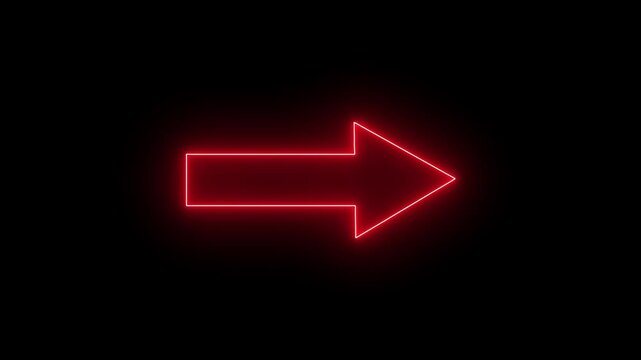 Glowing Red neon light right pointing arrow animation on black background, futuristic electric direction indicator symbol, forward motion graphics transition concept.