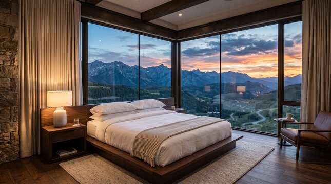 Luxury Bedroom Interior with Panoramic Mountain Sunset View