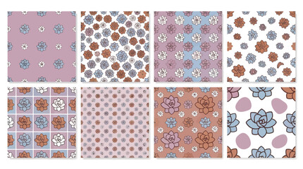 Seamless Floral Patterns: Delicate Succulent Designs in Earthy Tones on White, Mauve, and Brown Backgrounds. © Jamal