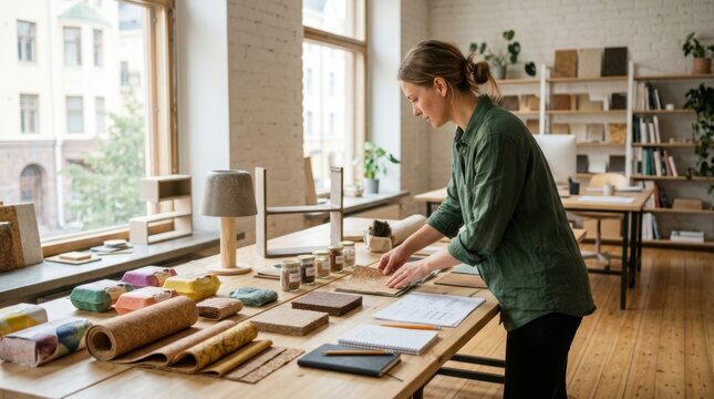 Designer examines sustainable cork material samples on a wooden table in a bright studio