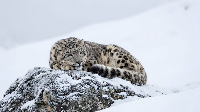 Snow leopard resting on rocky mountain ledge. Majestic wild cat lounging on high-altitude boulder in winter habitat.