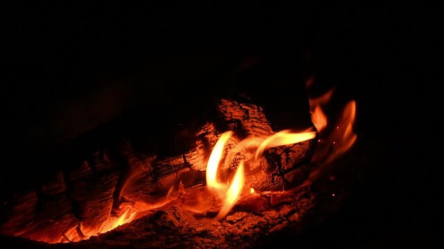 fire burns in darkness on night outdoor gently illuminating charred log and smoldering embers