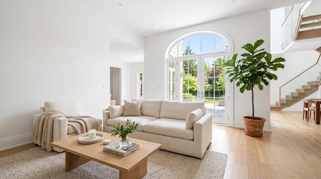 Modern Bright Living Room with White Sofa and Large Arched Windows