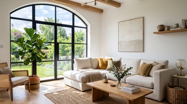 Modern Living Room with Large Arched Window and Cozy Neutral Sofa