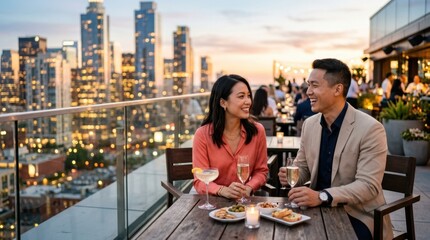 Fototapeta premium Couple enjoys rooftop drinks with city skyline at sunset