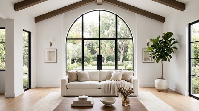 Modern Luxury Living Room with Arched Window and Neutral Decor