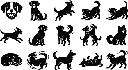 Naklejka premium Collection of playful and happy dog silhouettes in various poses on a pure